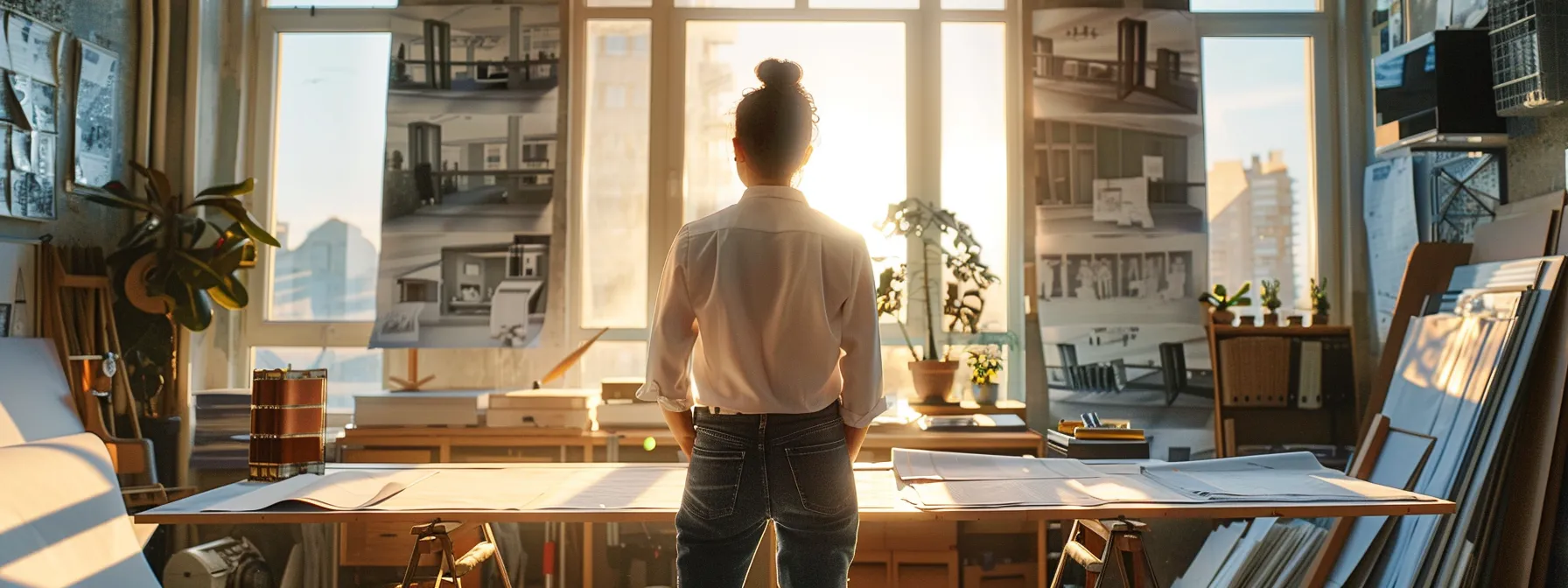 a confident aspiring architect stands in a sunlit urban environment, surrounded by blueprints and architectural models, symbolizing the journey toward professional licensure and continuous education.