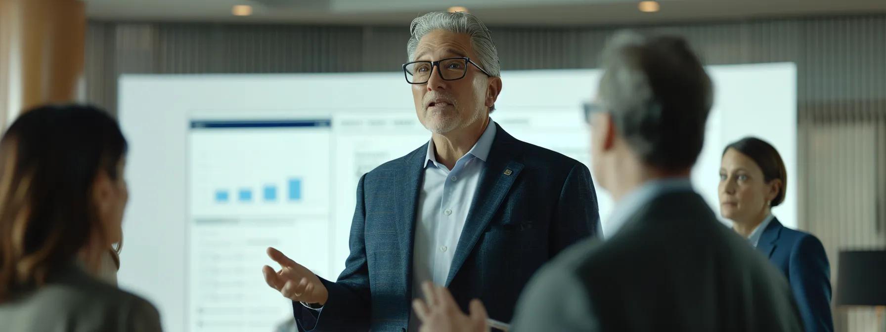 a confident attorney stands in a sleek, modern office, discussing the legal intricacies of a partition action by gesturing toward a large digital screen displaying a property layout and sale data, while clients attentively listen in the background. a confident attorney stands in a sleek, modern office, discussing the legal intricacies of a partition action by gesturing toward a large digital screen displaying a property layout and sale data, while clients attentively listen in the background.