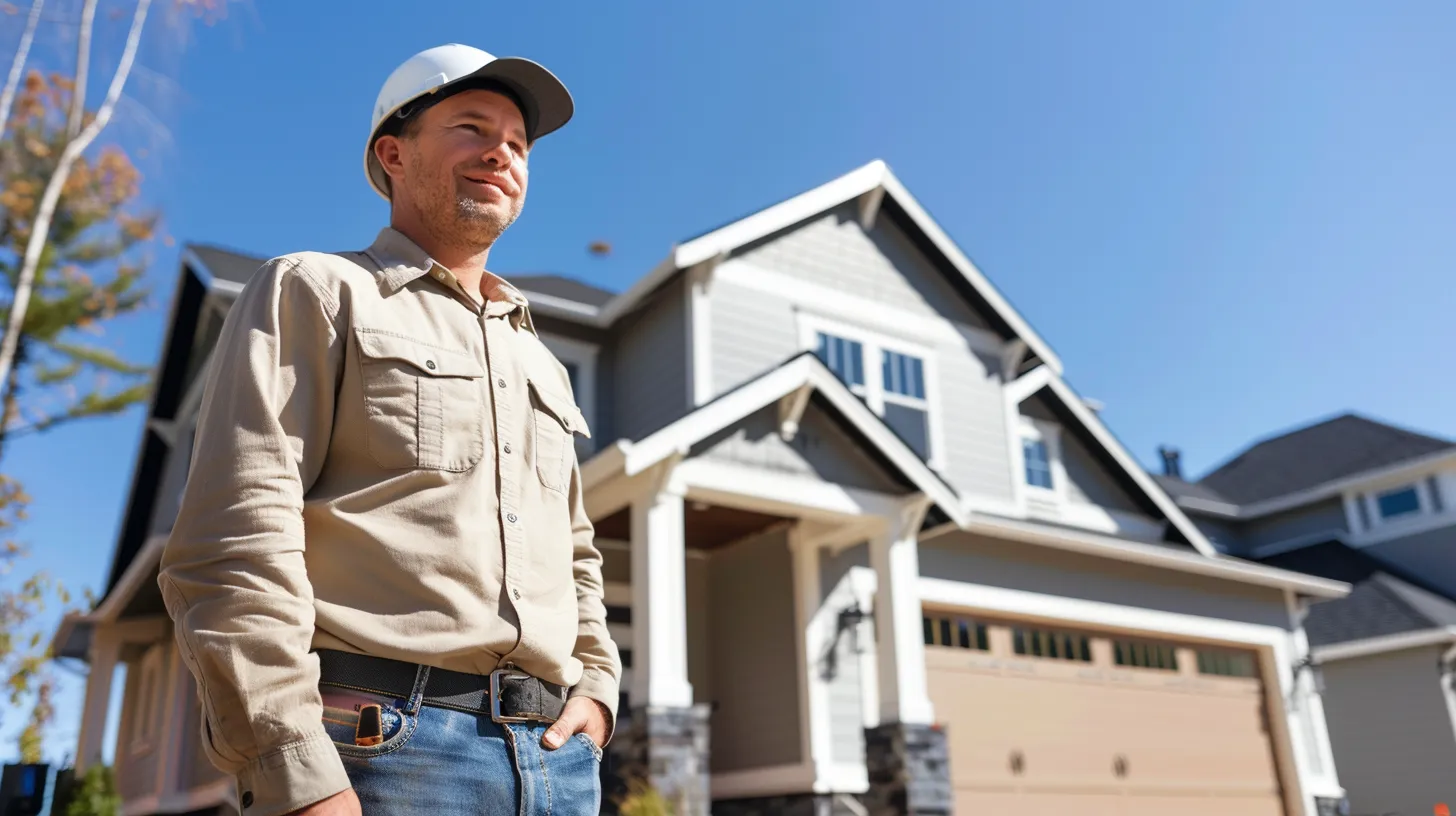 a confident builder stands beside a beautifully completed home, engaging warmly with a satisfied client under a radiant blue sky, embodying effective communication and customer satisfaction. a confident builder stands beside a beautifully completed home, engaging warmly with a satisfied client under a radiant blue sky, embodying effective communication and customer satisfaction.