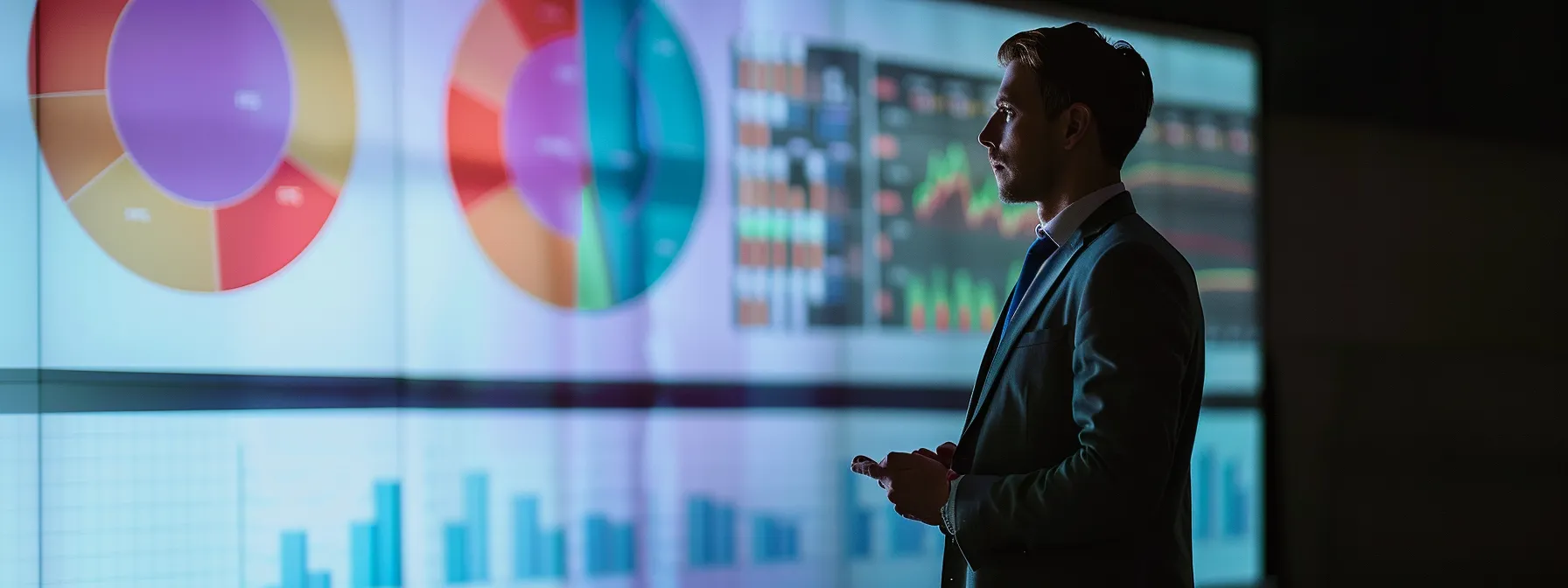 a confident business consultant stands before a large screen displaying a vibrant infographic of risk assessment factors, illuminated by soft, focused lighting that highlights their analytical posture as they engage an audience of eager investors. a confident business consultant stands before a large screen displaying a vibrant infographic of risk assessment factors, illuminated by soft, focused lighting that highlights their analytical posture as they engage an audience of eager investors.