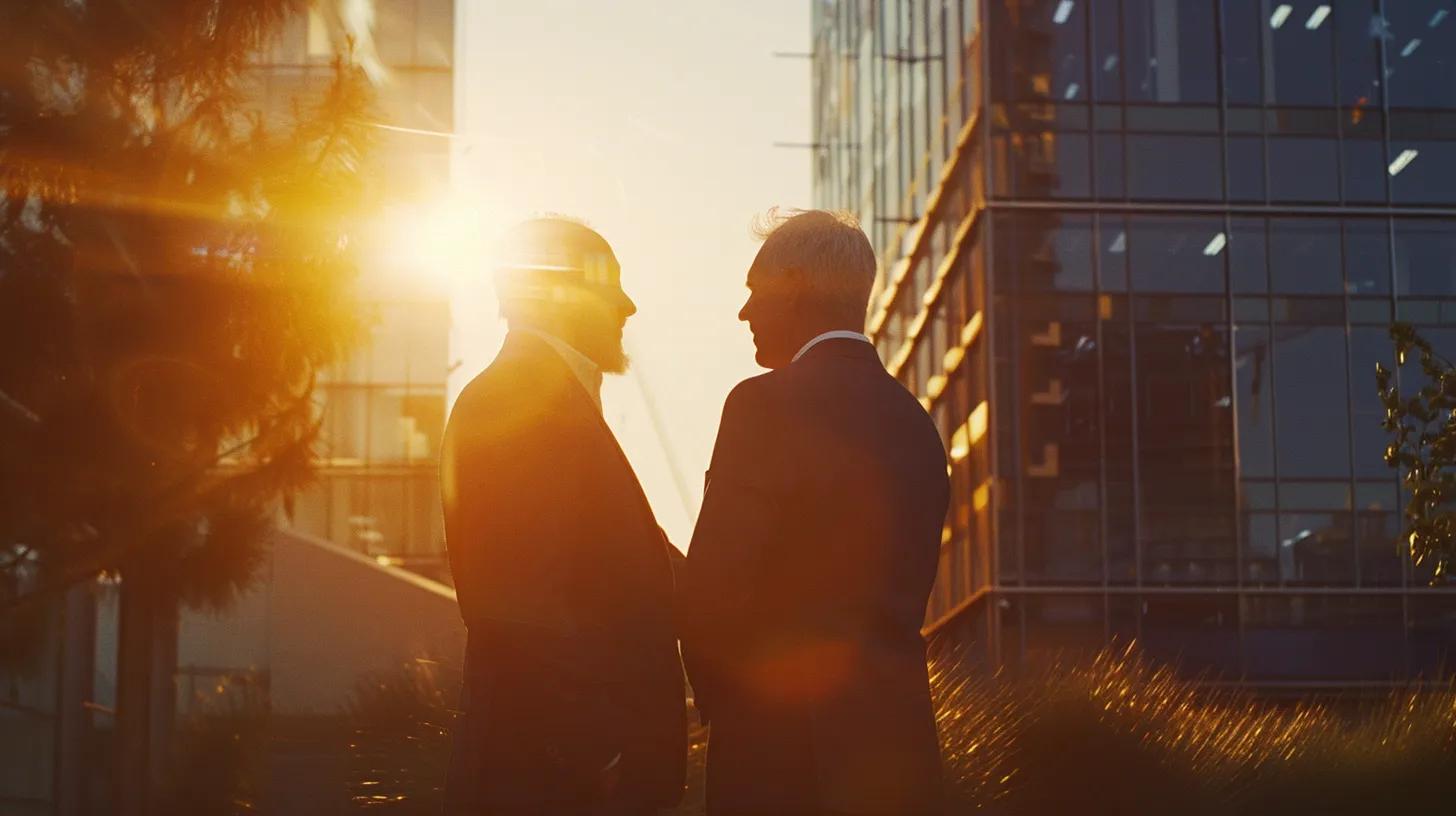 a confident business owner discusses project plans with a seasoned general contractor against the backdrop of an impressive construction site, illuminated by warm afternoon sunlight and showcasing a blend of modern architecture and teamwork. a confident business owner discusses project plans with a seasoned general contractor against the backdrop of an impressive construction site, illuminated by warm afternoon sunlight and showcasing a blend of modern architecture and teamwork.
