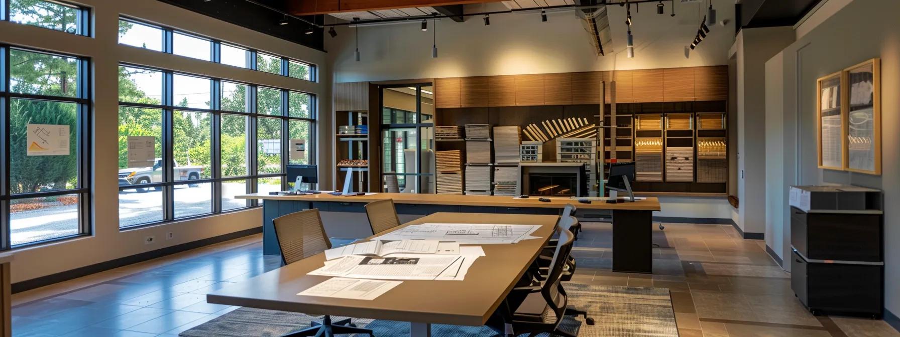 a confident client engages in an insightful discussion with a professional roofing contractor inside a modern office, with detailed architectural blueprints and materials samples laid out prominently on a sleek conference table. a confident client engages in an insightful discussion with a professional roofing contractor inside a modern office, with detailed architectural blueprints and materials samples laid out prominently on a sleek conference table.