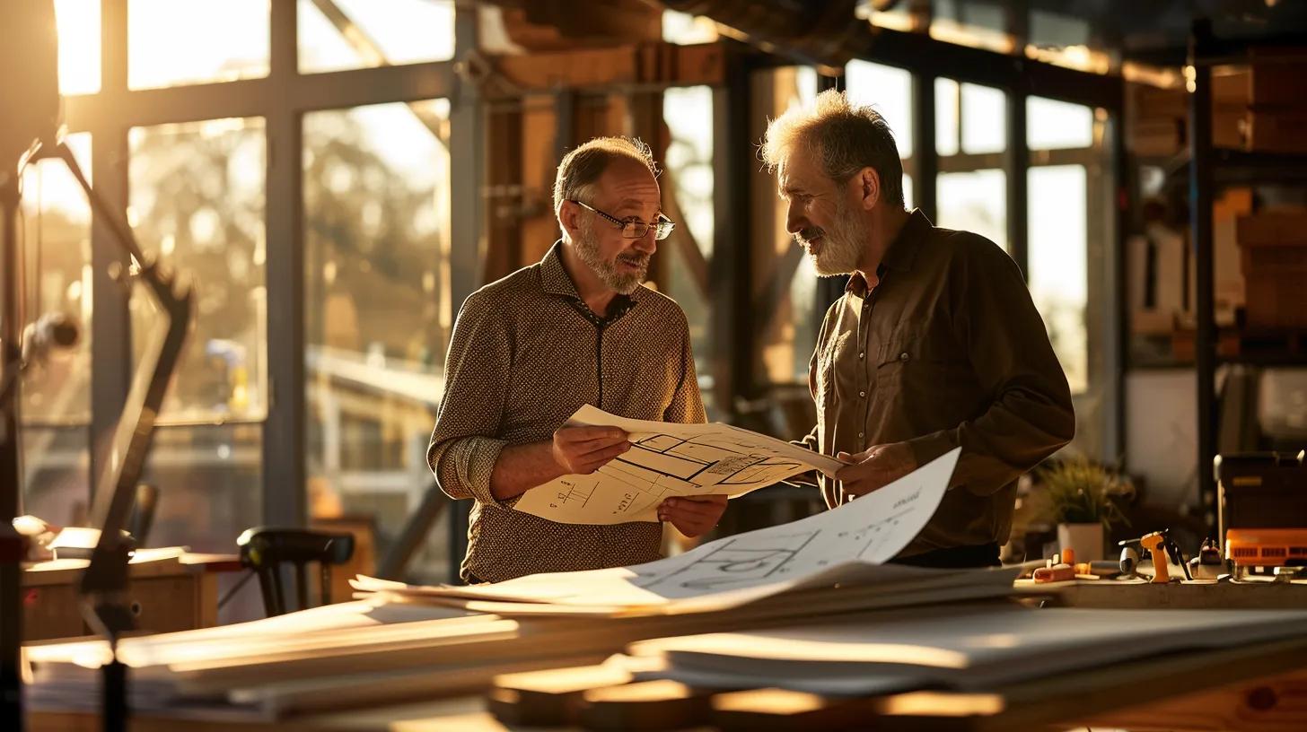 a confident commercial builder engages in a dynamic discussion with clients, surrounded by architectural plans and tools, illuminated by warm, natural light filtering through large windows. a confident commercial builder engages in a dynamic discussion with clients, surrounded by architectural plans and tools, illuminated by warm, natural light filtering through large windows.