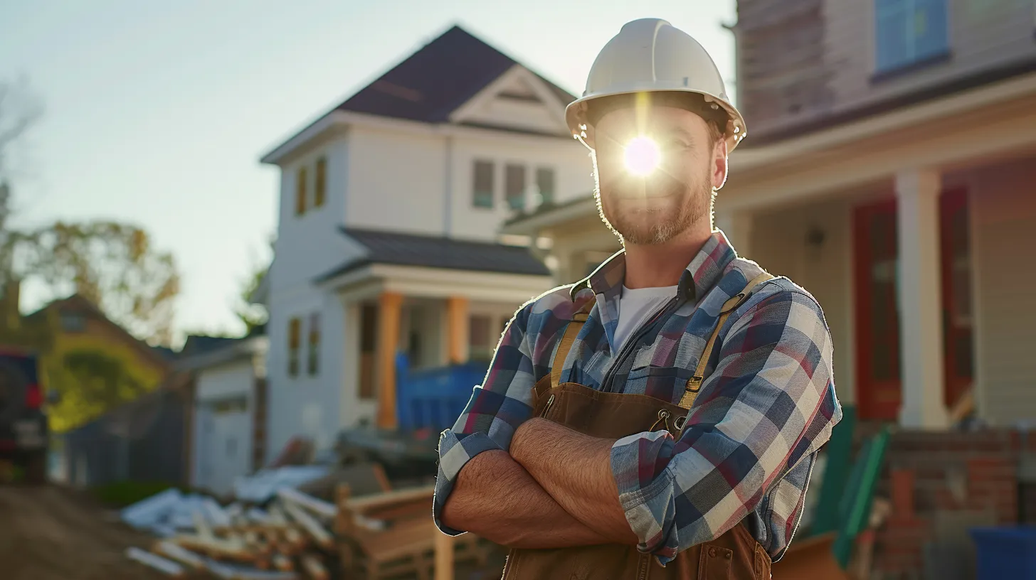 a confident contractor, standing tall in front of a renovated home, showcases a certificate of licensure gleaming in the sun, surrounded by a backdrop of bustling construction activity that highlights the importance of professionalism and insurance in home improvement projects. a confident contractor, standing tall in front of a renovated home, showcases a certificate of licensure gleaming in the sun, surrounded by a backdrop of bustling construction activity that highlights the importance of professionalism and insurance in home improvement projects.