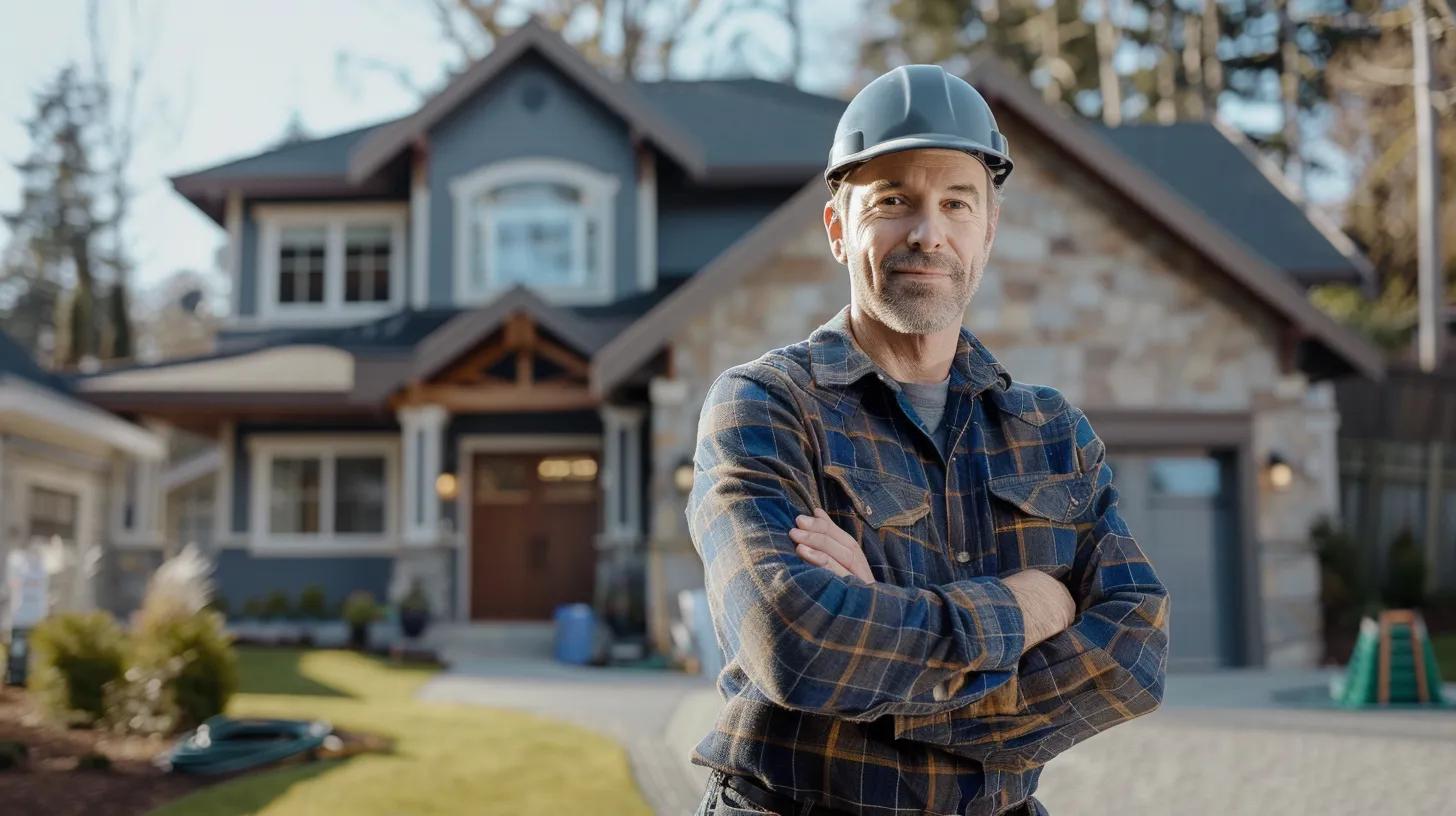 a confident contractor stands in front of a custom-built home, showcasing their expertise with a focused expression, surrounded by blueprints and construction tools under soft, natural light that highlights the meticulous craftsmanship of the house. a confident contractor stands in front of a custom-built home, showcasing their expertise with a focused expression, surrounded by blueprints and construction tools under soft, natural light that highlights the meticulous craftsmanship of the house.