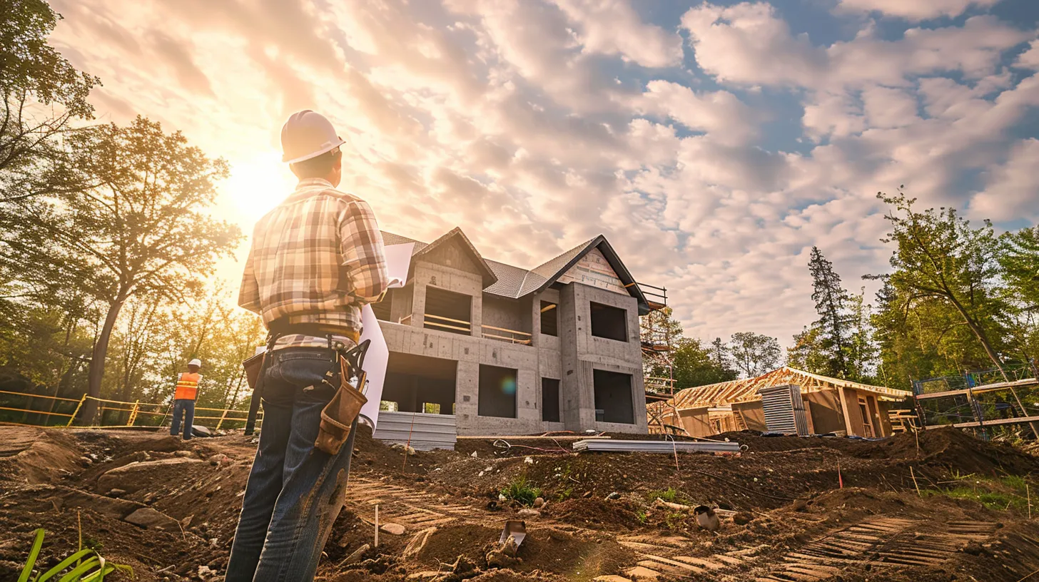 a confident general contractor stands in front of a partially completed modern home, overseeing the bustling construction site with blueprints in hand, illuminated by warm afternoon sunlight filtering through scattered clouds. a confident general contractor stands in front of a partially completed modern home, overseeing the bustling construction site with blueprints in hand, illuminated by warm afternoon sunlight filtering through scattered clouds.
