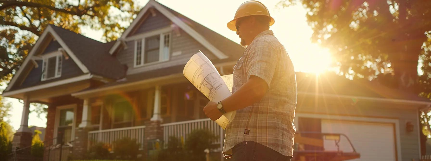 a confident home builder discusses blueprints with a homeowner beneath a sunlit, partially constructed house, symbolizing collaboration and careful planning. a confident home builder discusses blueprints with a homeowner beneath a sunlit, partially constructed house, symbolizing collaboration and careful planning.
