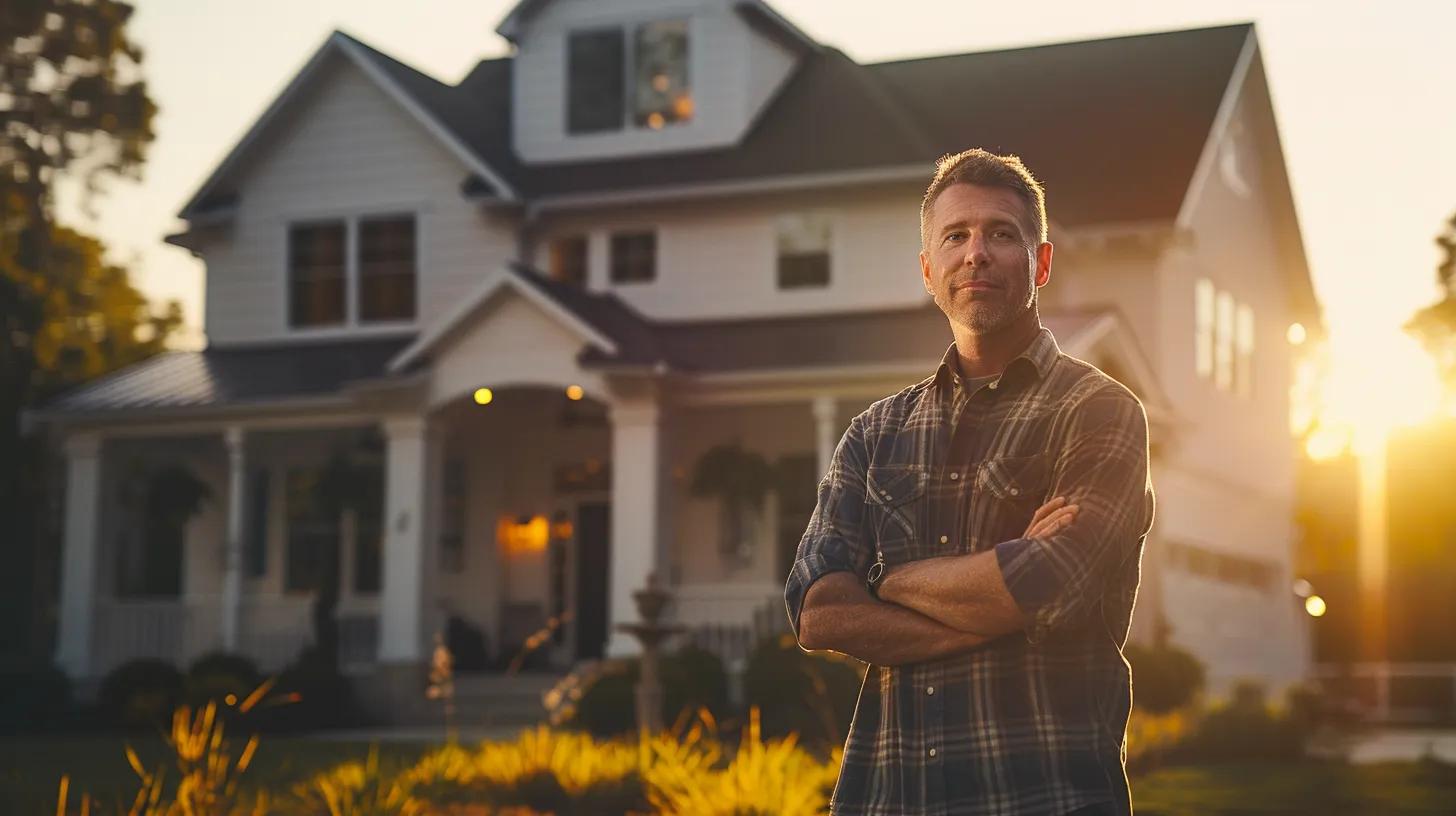 a confident home builder stands proudly in front of a beautifully crafted custom home, showcasing their expertise and the intricate details of the architecture under the warm glow of a sunset. a confident home builder stands proudly in front of a beautifully crafted custom home, showcasing their expertise and the intricate details of the architecture under the warm glow of a sunset.