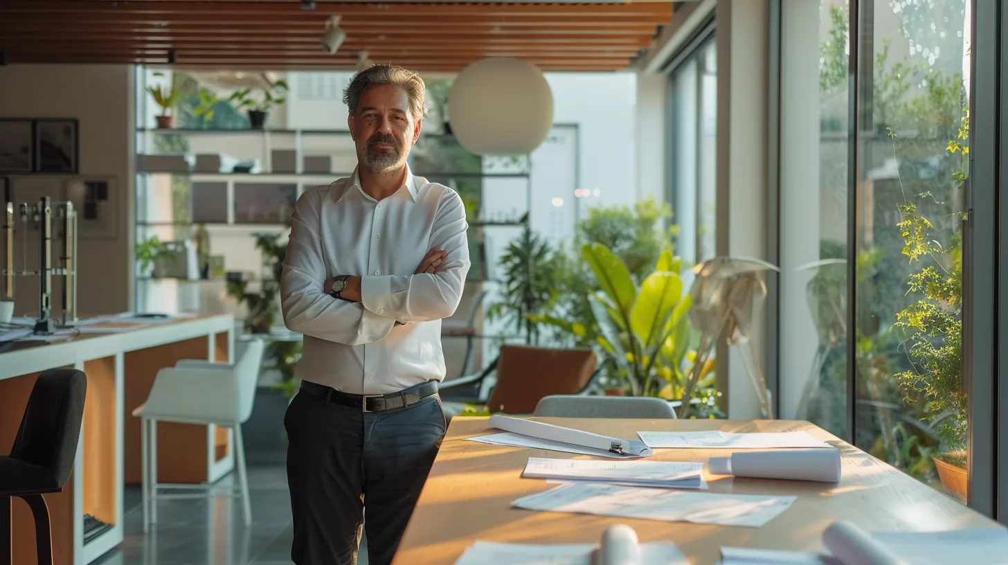 A confident home building consultant stands in a sunlit office, surrounded by architectural plans, symbolizing expertise and professionalism. A confident home building consultant stands in a sunlit office, surrounded by architectural plans, symbolizing expertise and professionalism.