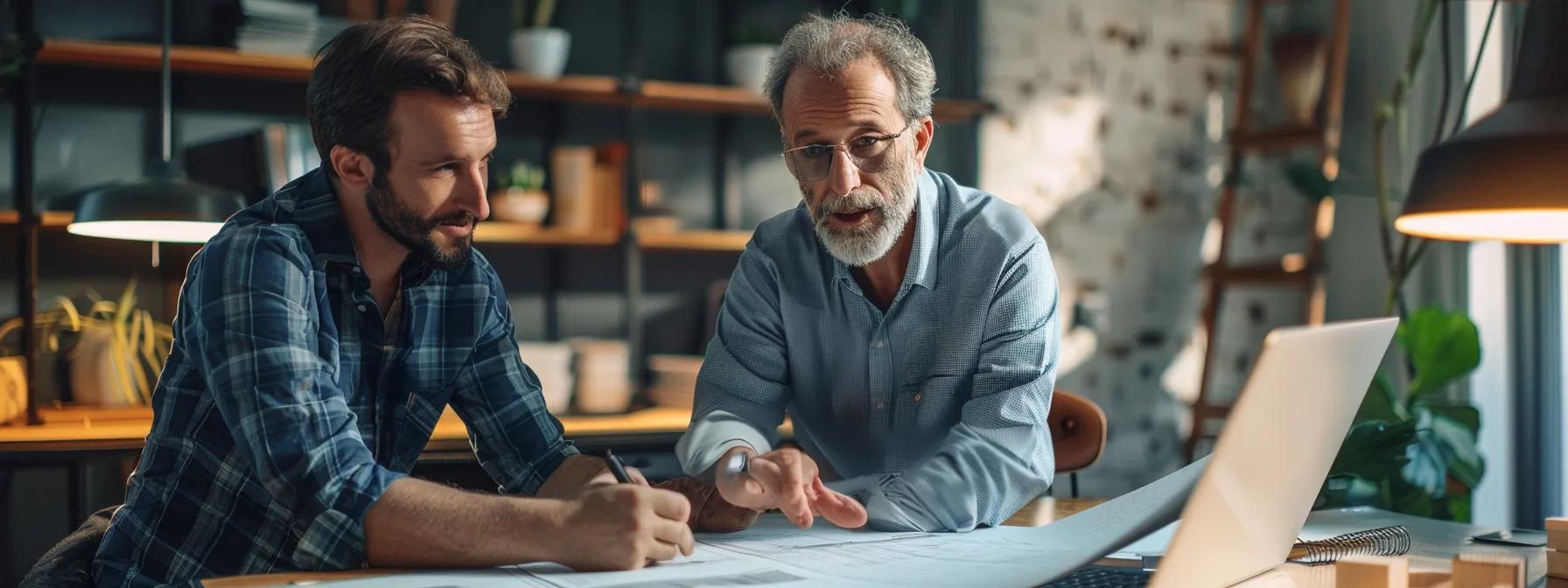 a confident homeowner engages in a focused discussion with a professional roofing contractor inside a modern,well-lit office, surrounded by detailed project plans and samples, emphasizing transparency and expertise in roofing services.