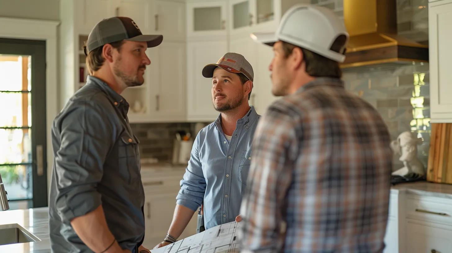 a confident homeowner engages in a detailed discussion with a professional custom builder amidst a backdrop of construction plans and tools, highlighting the importance of communication and transparency in the home-building process. a confident homeowner engages in a detailed discussion with a professional custom builder amidst a backdrop of construction plans and tools, highlighting the importance of communication and transparency in the home-building process.
