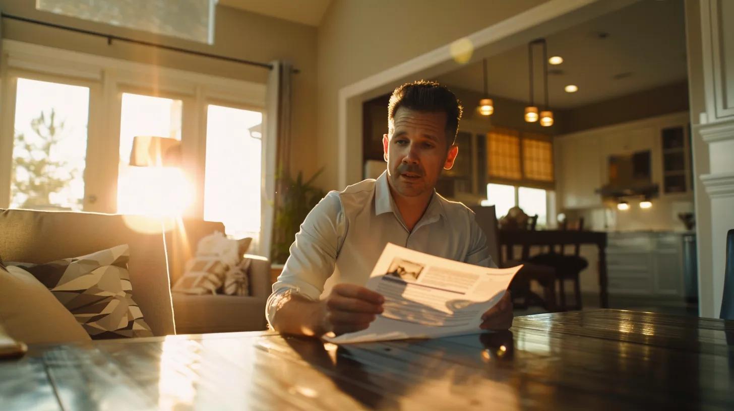 a confident homeowner reviews a detailed builder's warranty document in a sunlit, newly constructed living room, surrounded by modern furnishings that exude quality craftsmanship. a confident homeowner reviews a detailed builder's warranty document in a sunlit, newly constructed living room, surrounded by modern furnishings that exude quality craftsmanship.