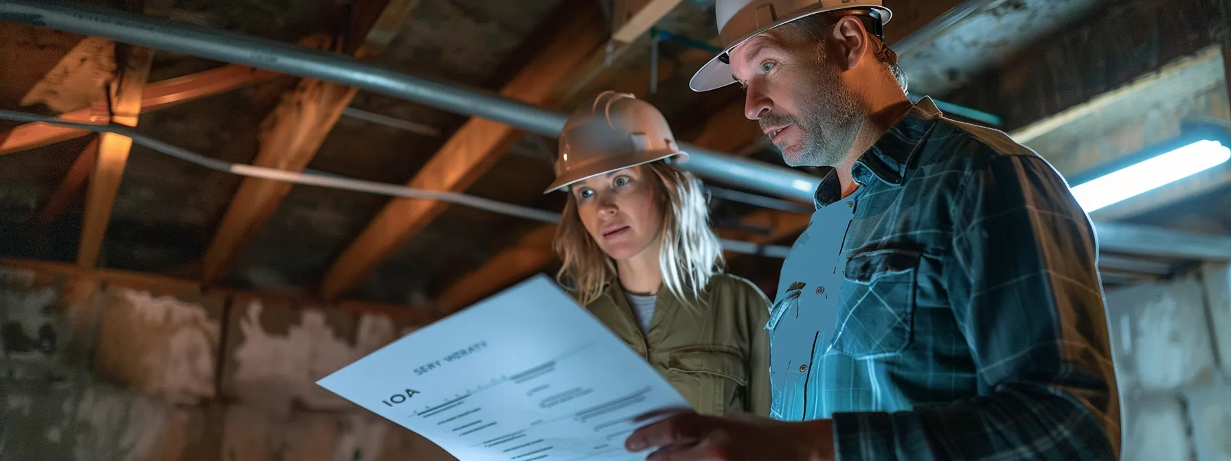 a confident homeowner reviews a detailed warranty document alongside a contractor in a well-lit basement, highlighting the importance of post-service support and maintenance for effective waterproofing solutions. a confident homeowner reviews a detailed warranty document alongside a contractor in a well-lit basement, highlighting the importance of post-service support and maintenance for effective waterproofing solutions.