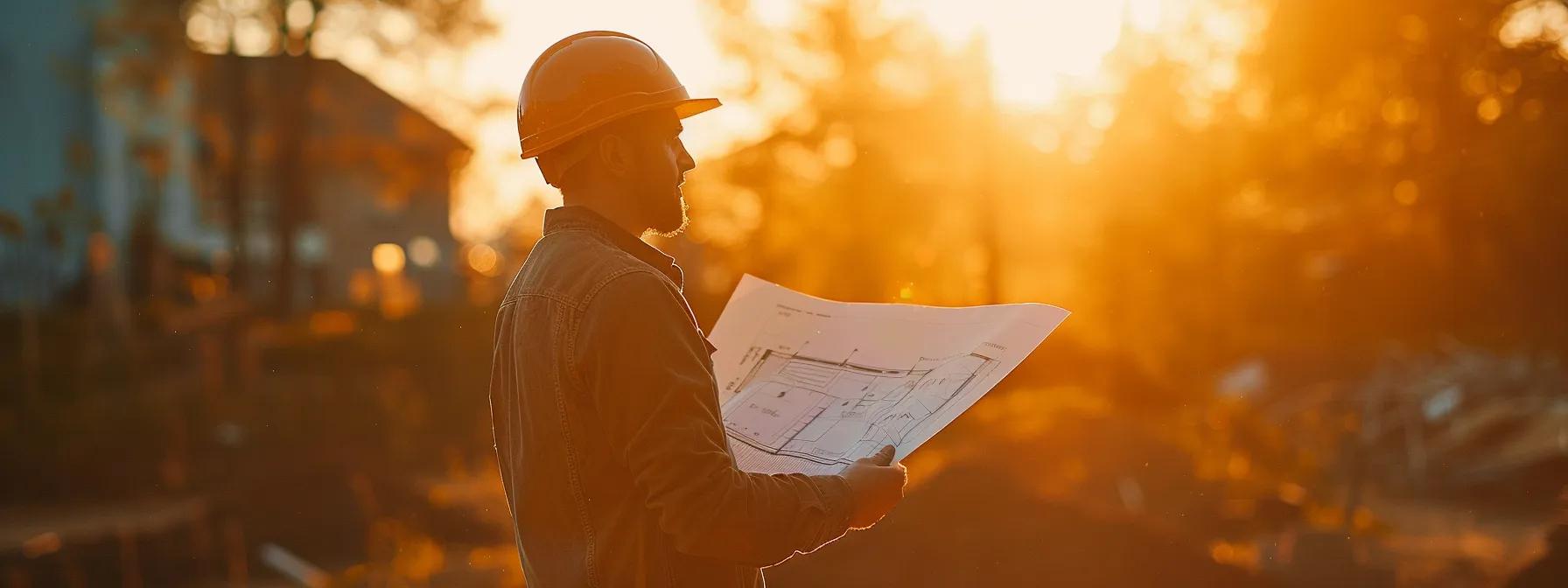 a confident homeowner, standing amidst a stunning construction site, reviews blueprints under the warm glow of the setting sun, symbolizing the careful selection of a licensed luxury custom home builder. a confident homeowner, standing amidst a stunning construction site, reviews blueprints under the warm glow of the setting sun, symbolizing the careful selection of a licensed luxury custom home builder.