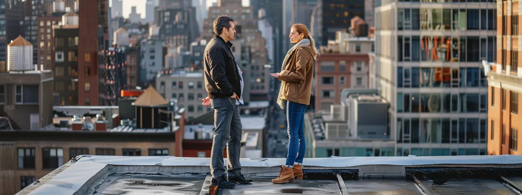 a confident homeowner stands at the edge of a well-maintained urban rooftop, engaging in conversation with a professional roofing inspector, showcasing the clarity and peace of mind that comes from a thorough free roof survey in a city setting. a confident homeowner stands at the edge of a well-maintained urban rooftop, engaging in conversation with a professional roofing inspector, showcasing the clarity and peace of mind that comes from a thorough free roof survey in a city setting.