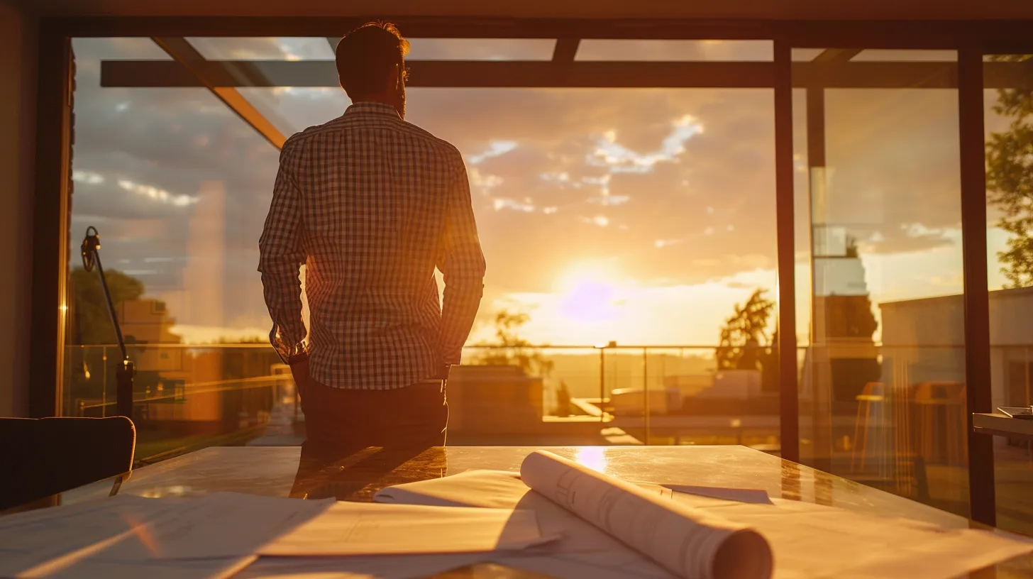 a confident homeowner stands at the forefront of a modern construction site. a confident homeowner stands at the forefront of a modern construction site.