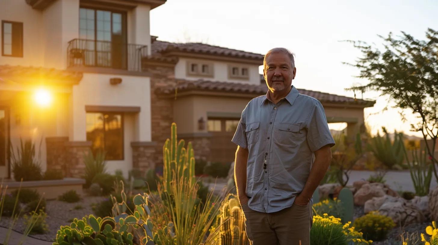 a confident homeowner stands before a beautifully designed custom home, illuminated by warm afternoon sunlight, symbolizing the successful outcome of careful vetting and selection of a qualified builder. a confident homeowner stands before a beautifully designed custom home, illuminated by warm afternoon sunlight, symbolizing the successful outcome of careful vetting and selection of a qualified builder.
