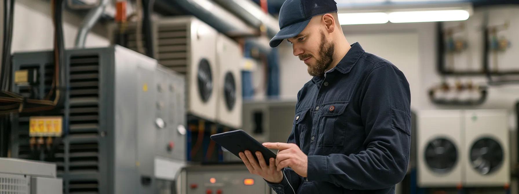a confident hvac technician in a well-organized, modern office setting reviews installation plans on a sleek tablet, surrounded by hvac equipment, emphasizing professionalism and expertise in air conditioning solutions.