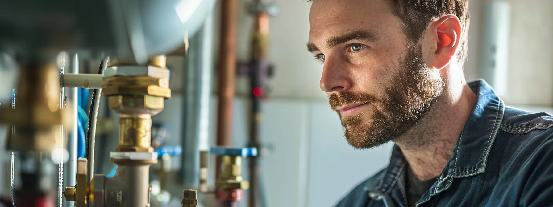 a confident plumber skillfully inspects a modern, intricate plumbing system in a well-lit, contemporary home, showcasing professionalism and expertise in a pivotal home improvement moment.