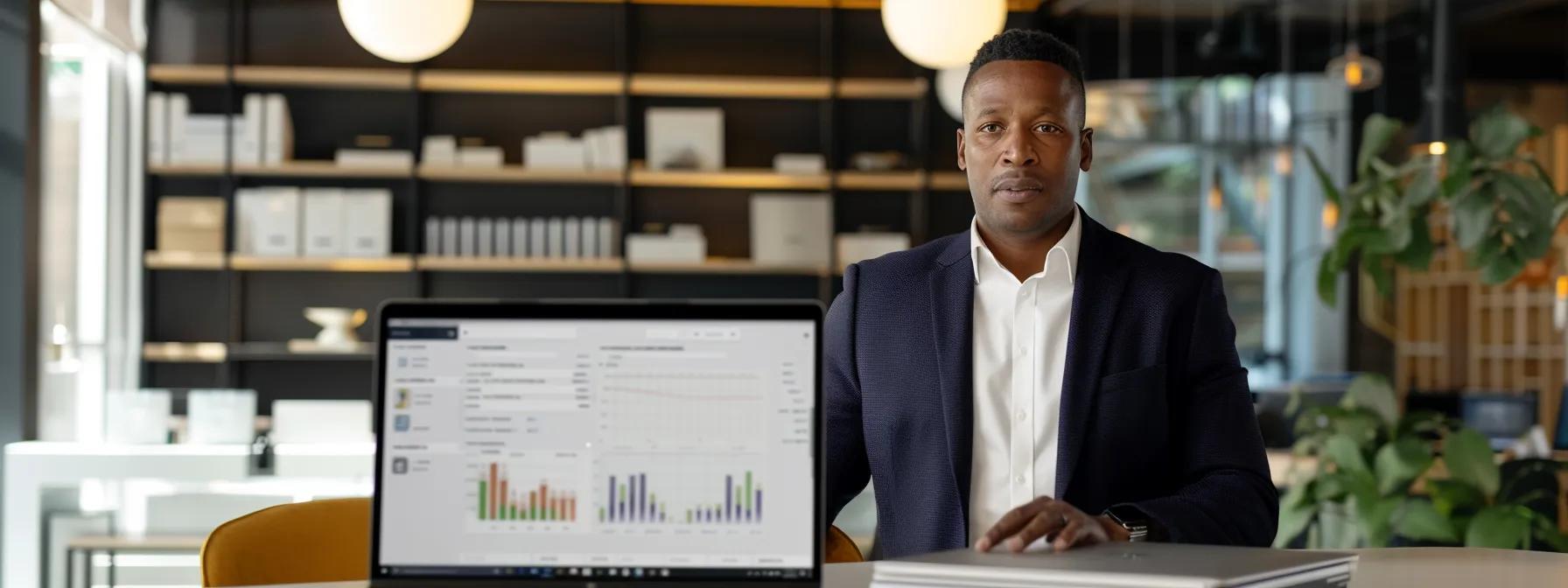 a confident professional stands in a modern office environment, scrutinizing a digital payment portal on a sleek laptop while surrounded by charts and documents related to refund policies, emphasizing the importance of secure transactions in safeguarding investment.