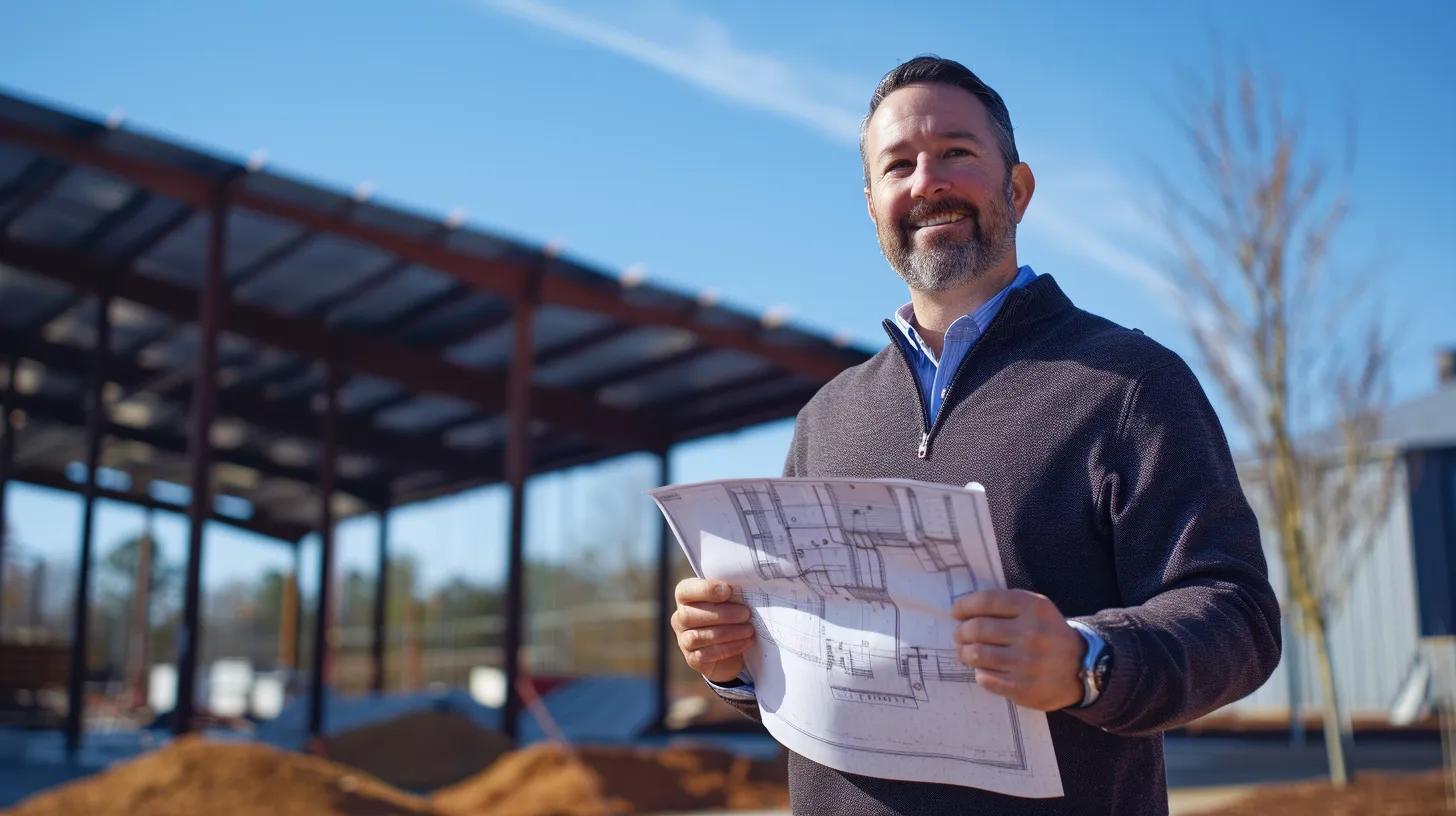 a confident project manager stands in front of a modern commercial construction site in knoxville, reviewing blueprints against a backdrop of steel beams and clear blue skies, signifying the pivotal moment of finalizing a significant builder partnership. a confident project manager stands in front of a modern commercial construction site in knoxville, reviewing blueprints against a backdrop of steel beams and clear blue skies, signifying the pivotal moment of finalizing a significant builder partnership.