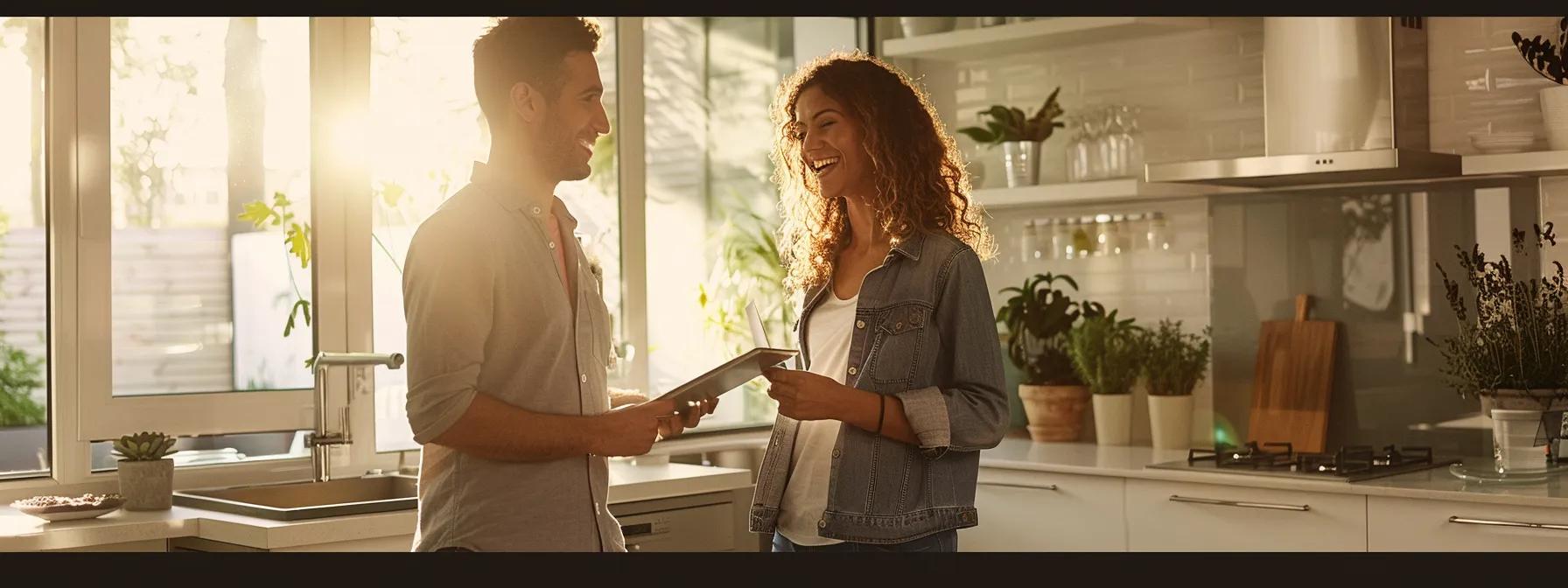a confident sales professional energetically presents solar energy solutions to an engaged homeowner in a modern kitchen, with bright lighting highlighting samples of solar technology on the countertop.