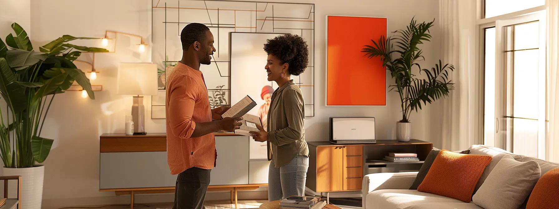 a confident sales representative stands in a modern living room, enthusiastically presenting vivid brochures about solar incentives to a curious homeowner, with a sleek solar panel model prominently displayed on a stylish coffee table, illuminated by warm indoor lighting. a confident sales representative stands in a modern living room, enthusiastically presenting vivid brochures about solar incentives to a curious homeowner, with a sleek solar panel model prominently displayed on a stylish coffee table, illuminated by warm indoor lighting.