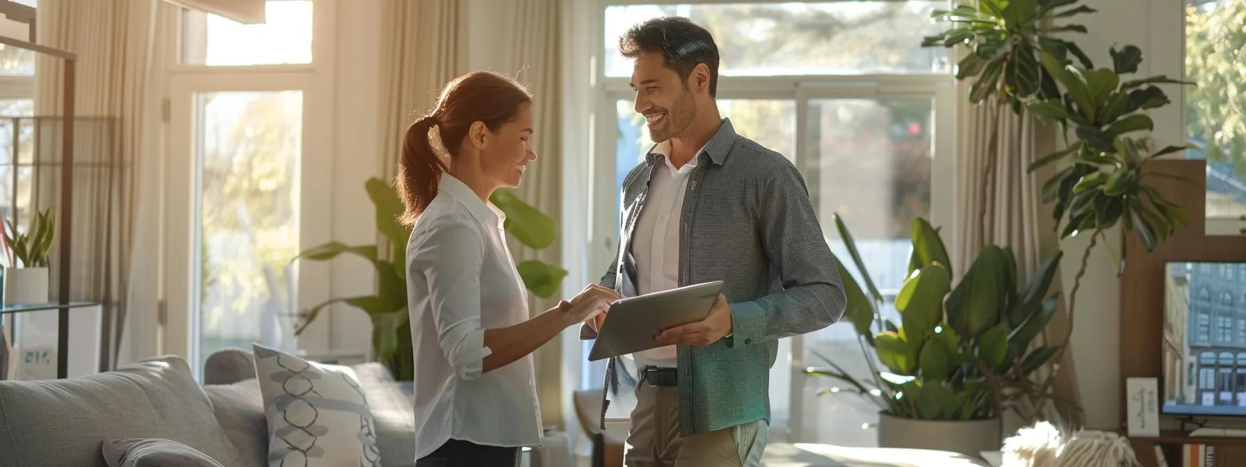 a confident sales representative, dressed in professional attire, engages with a homeowner in a modern, sunlit living room, showcasing a high-tech solar panel display on a sleek tablet, emphasizing the persuasive impact of social media advertising on targeted solar sales.