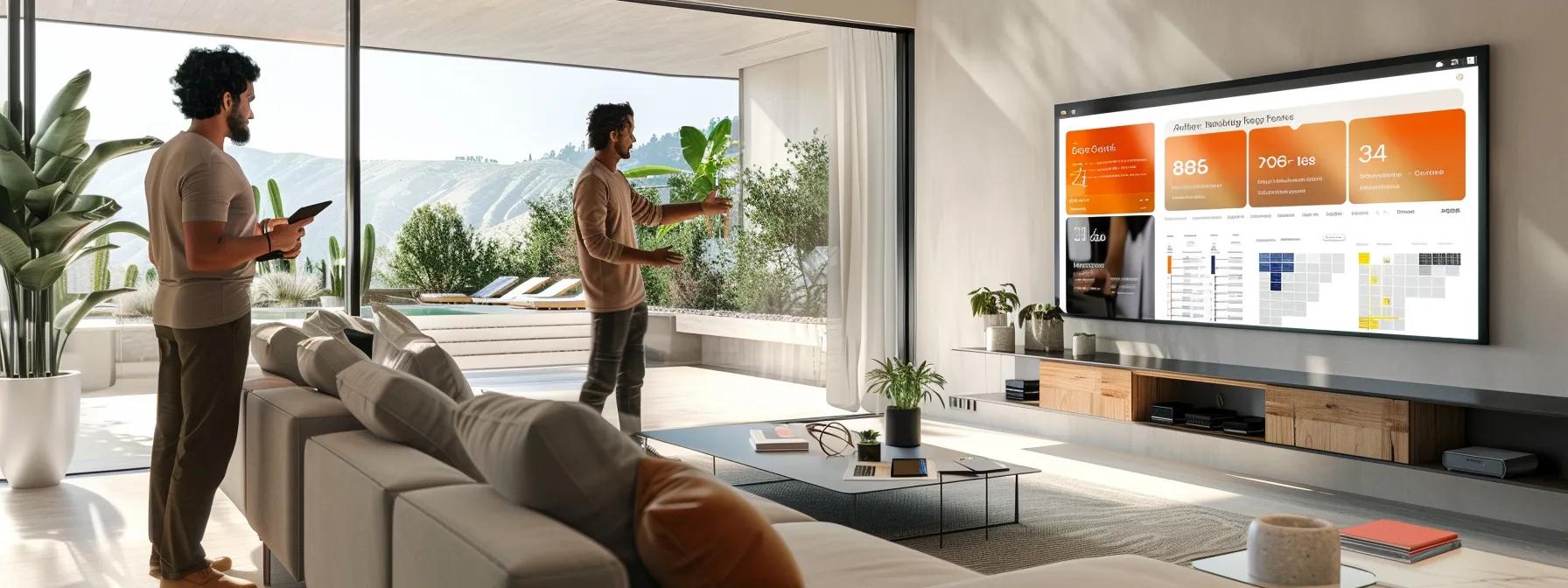 a confident salesperson stands in a modern, well-lit living room engaging with a homeowner about solar energy options, surrounded by visually appealing digital graphics showcasing key social media platforms and solar statistics on a sleek touchscreen display.