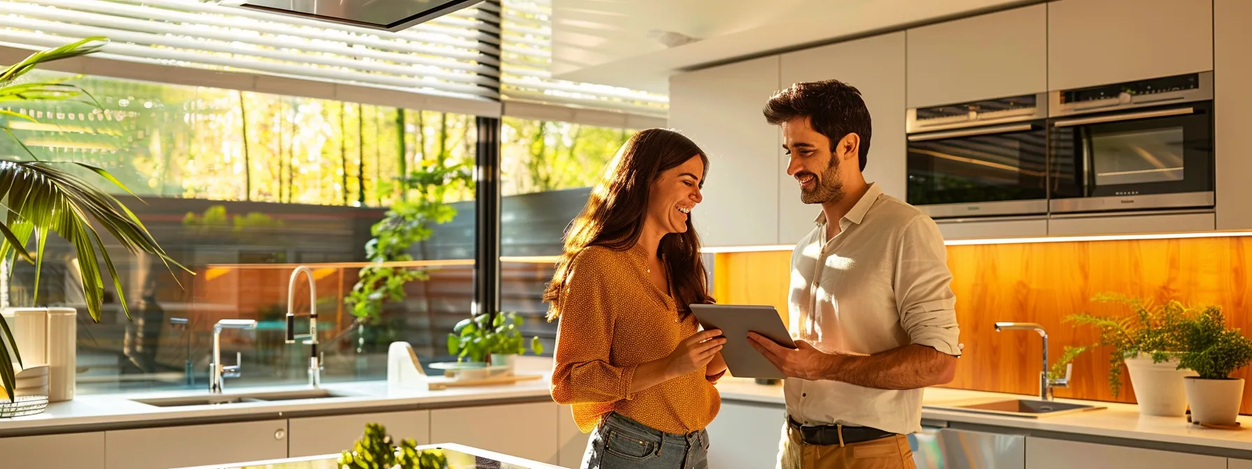 a confident solar energy sales professional is engaging with a homeowner in a modern, bright kitchen, using a digital tablet to showcase innovative financing options for commercial solar projects, surrounded by sleek appliances and contemporary decor.