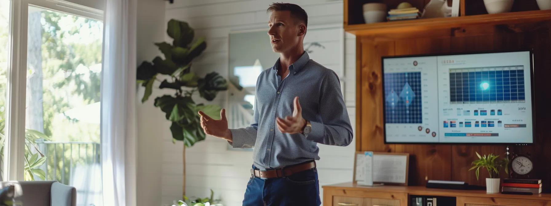 a confident solar energy salesperson stands in a modern home office, passionately presenting a sleek, digital presentation about state and local rebate opportunities for solar projects to an engaged homeowner, with high-tech solar panels and energy storage systems subtly featured in the background. a confident solar energy salesperson stands in a modern home office, passionately presenting a sleek, digital presentation about state and local rebate opportunities for solar projects to an engaged homeowner, with high-tech solar panels and energy storage systems subtly featured in the background.