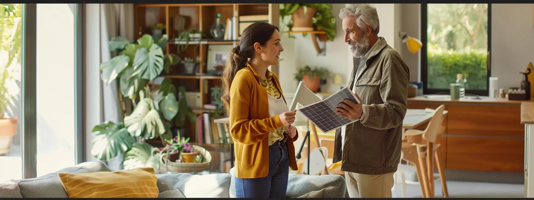 a confident solar salesperson, clad in professional attire, engages with a thoughtful homeowner in a modern, well-lit living room, showcasing a vibrant solar panel brochure that emphasizes the financial benefits of federal programs and tax credits for renewable energy installations. a confident solar salesperson, clad in professional attire, engages with a thoughtful homeowner in a modern, well-lit living room, showcasing a vibrant solar panel brochure that emphasizes the financial benefits of federal programs and tax credits for renewable energy installations.