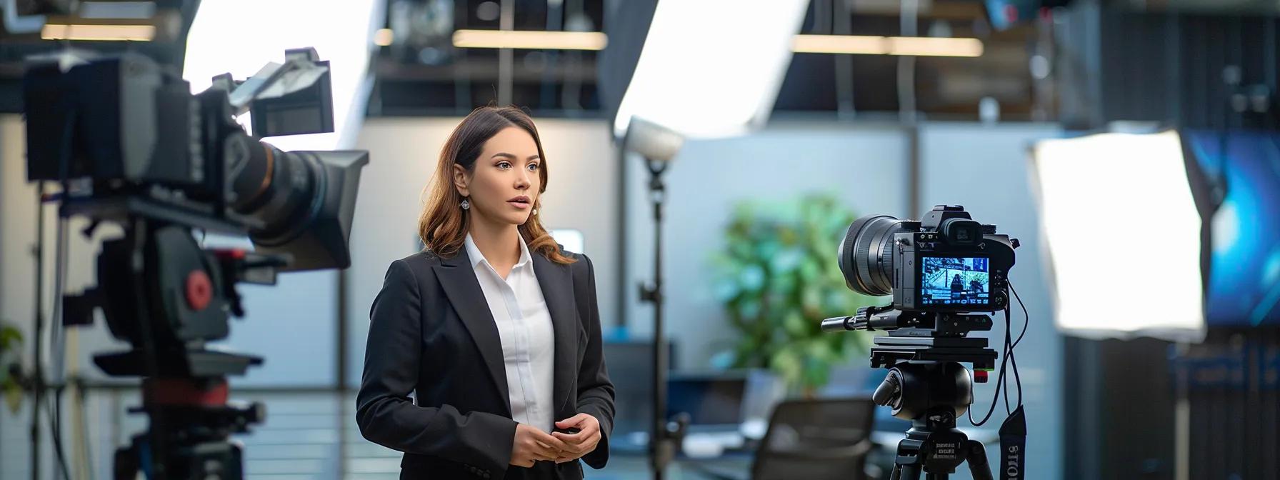 a confident spokesperson stands in a modern office, illuminated by soft studio lighting, while rehearsing in front of a professional camera setup, embodying the essence of media training for impactful tv appearances.
