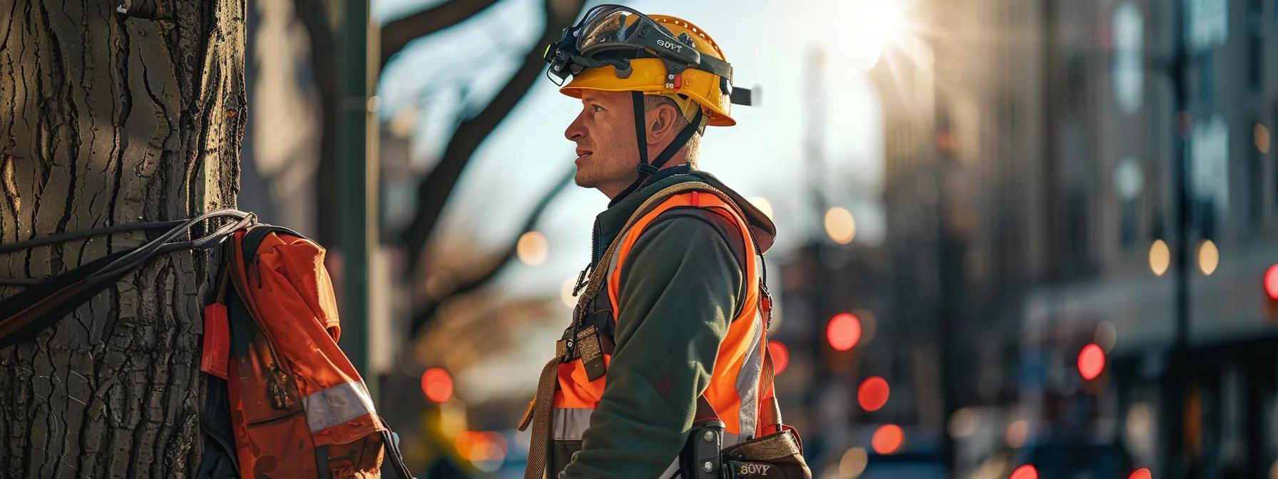 a confident tree service professional in safety gear evaluates a mature tree in a bustling st. cloud, mn urban setting, showcasing the blend of local expertise and community engagement essential for effective tree management.