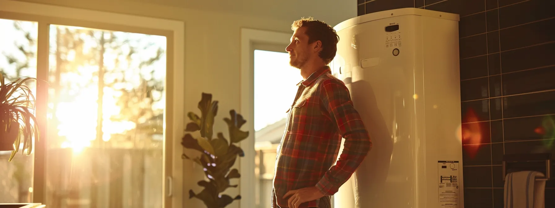 a confident water heater technician inspects a sleek, modern water heater in a bright, well-lit home environment, emphasizing expertise and reliability in essential repair services for homeowners in the conejo valley.