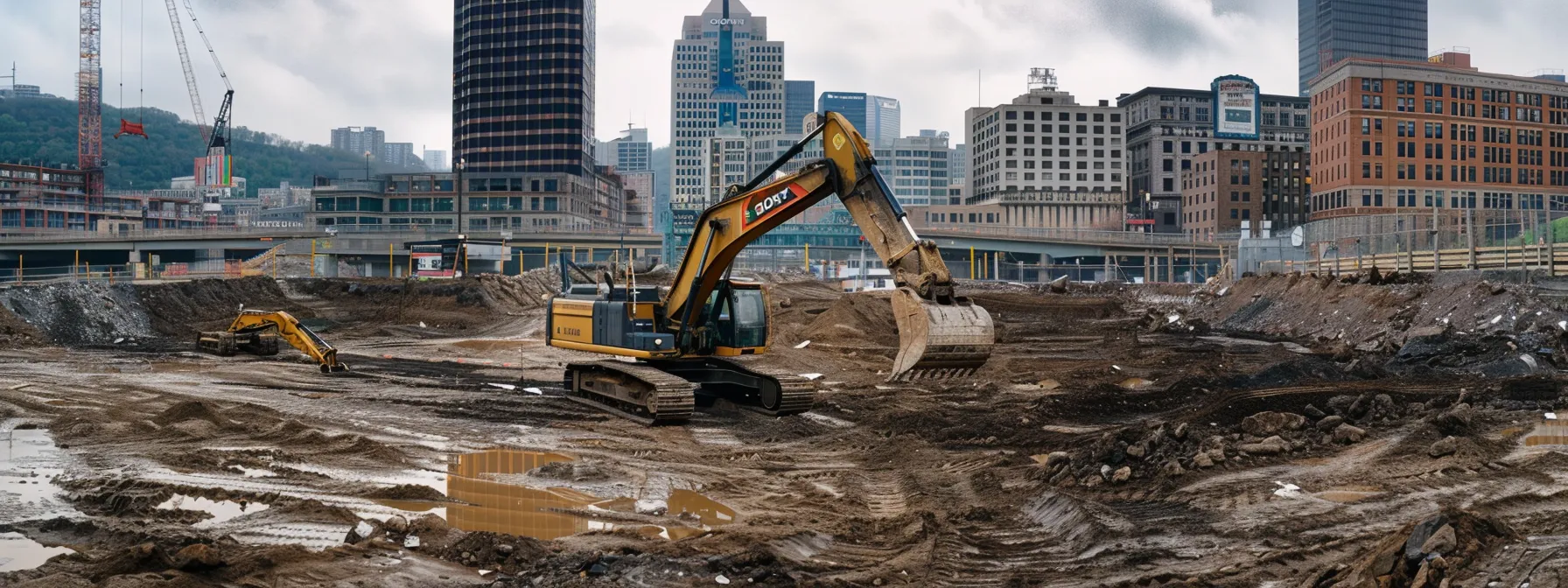 a confidently professional excavator navigating a construction site in pittsburgh, showcasing advanced machinery and focused workers, highlights the importance of skilled drainage excavation services tailored to local soil and drainage challenges.