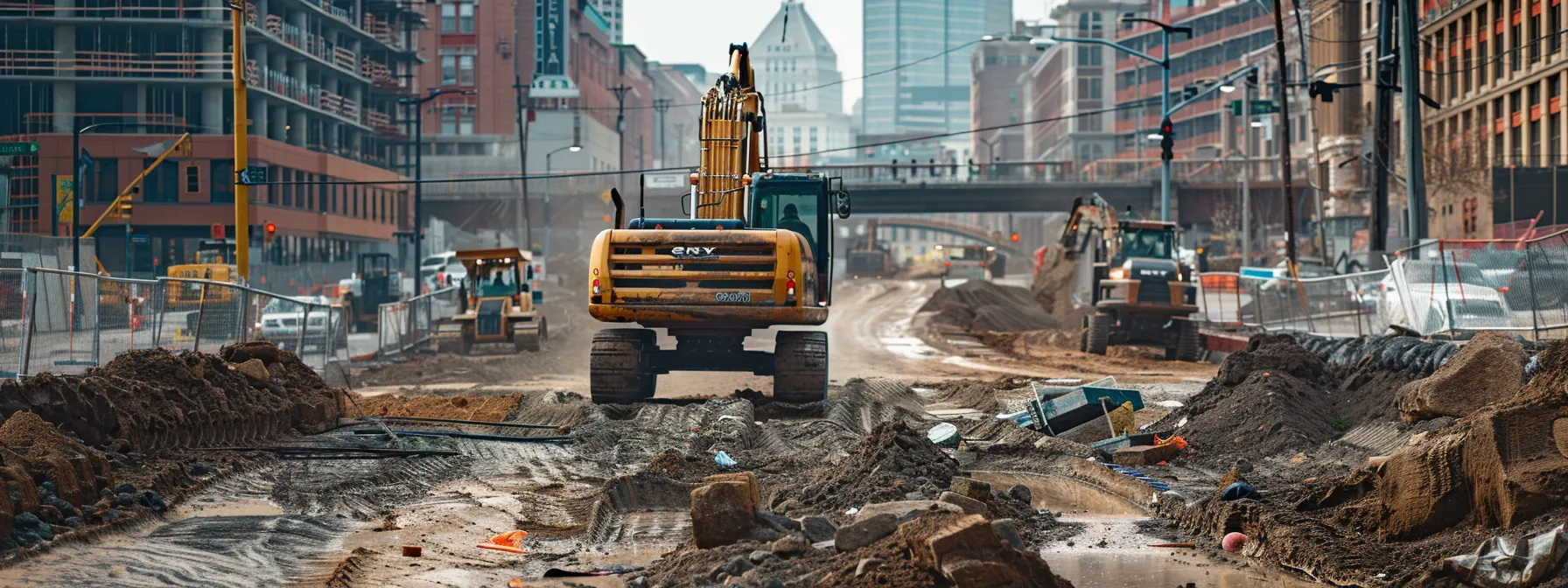 a construction site in pittsburgh features heavy machinery performing land leveling, with precise equipment and workers focused on creating a stable foundation for upcoming structures amidst an urban backdrop.