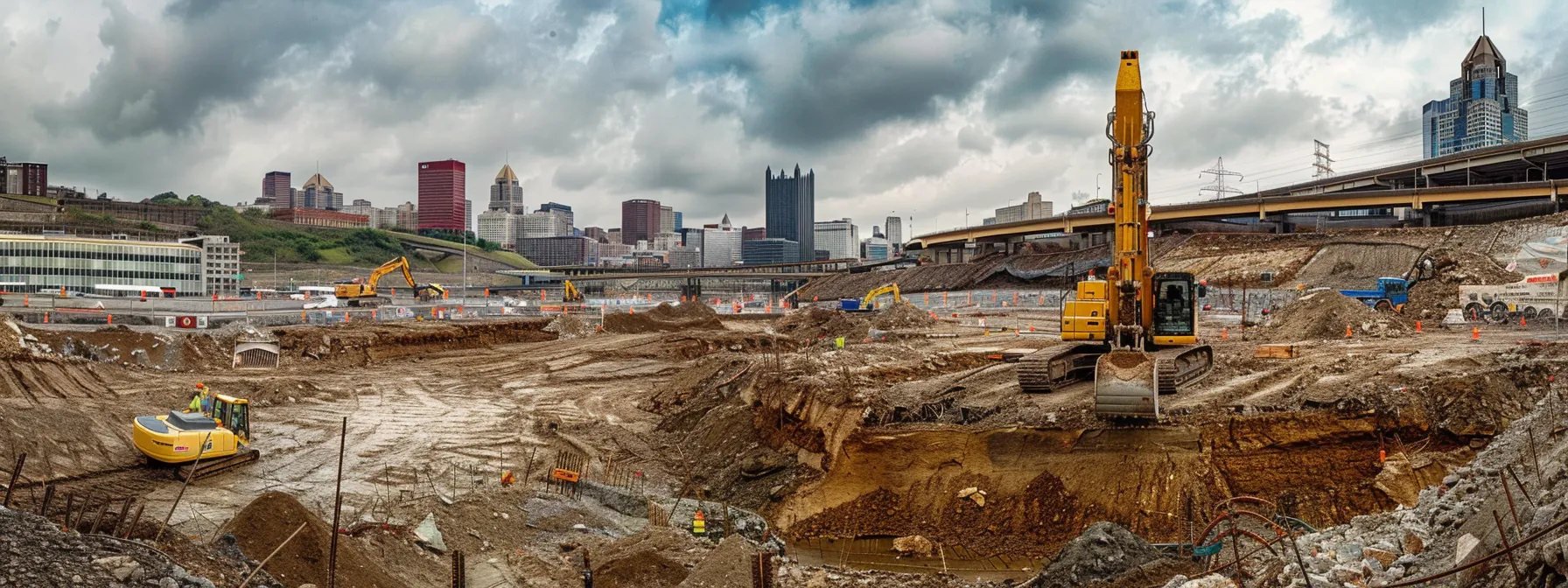 a construction site in pittsburgh showcases heavy machinery and workers navigating a complex excavation, surrounded by varying soil types and a cloudy skyline, illustrating the challenges of foundation work in an urban setting.