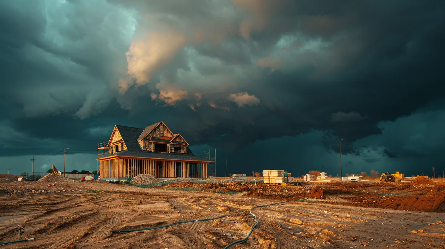 a construction site of a custom home stands amidst dark storm clouds, highlighting the challenges of delays due to inclement weather, with vibrant machinery and blueprints scattered prominently in the foreground. a construction site of a custom home stands amidst dark storm clouds, highlighting the challenges of delays due to inclement weather, with vibrant machinery and blueprints scattered prominently in the foreground.
