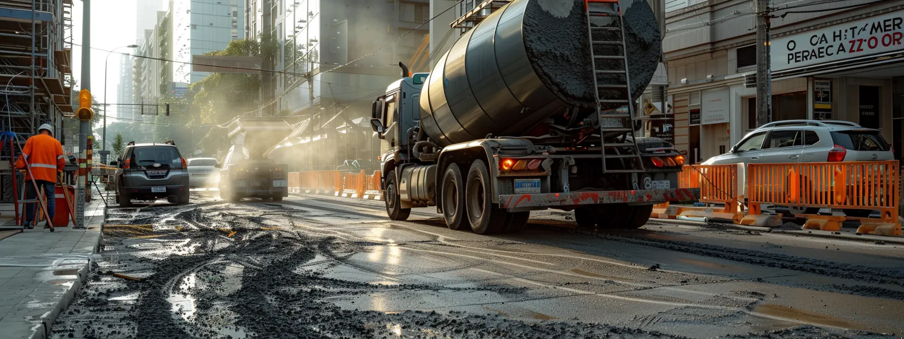 a construction site with a concrete truck on the left and an asphalt paving crew on the right, showcasing the contrast in installation costs and timeframes. a construction site with a concrete truck on the left and an asphalt paving crew on the right, showcasing the contrast in installation costs and timeframes.