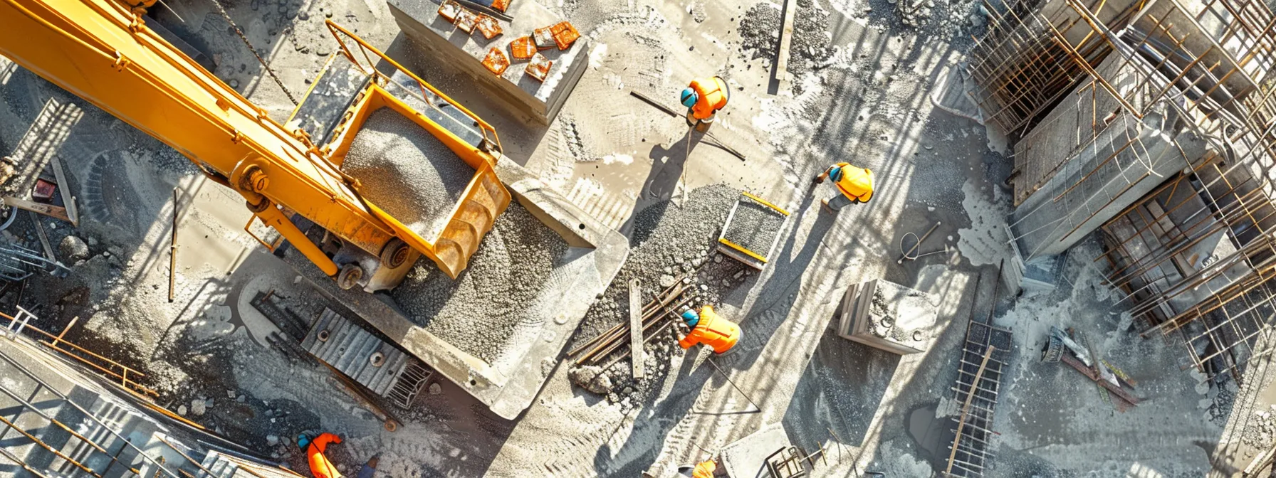 a construction team carefully sorting and recycling concrete materials under the bright sun on a bustling work site. a construction team carefully sorting and recycling concrete materials under the bright sun on a bustling work site.