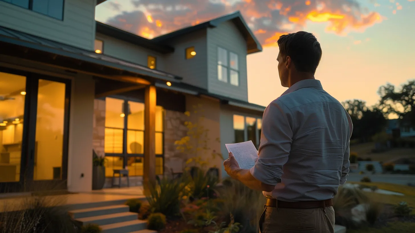 a contemplative homeowner stands in front of a modern custom home, thoughtfully reviewing warranty documents under the warm glow of evening light, embodying the journey of understanding builder support and claims resolution. a contemplative homeowner stands in front of a modern custom home, thoughtfully reviewing warranty documents under the warm glow of evening light, embodying the journey of understanding builder support and claims resolution.