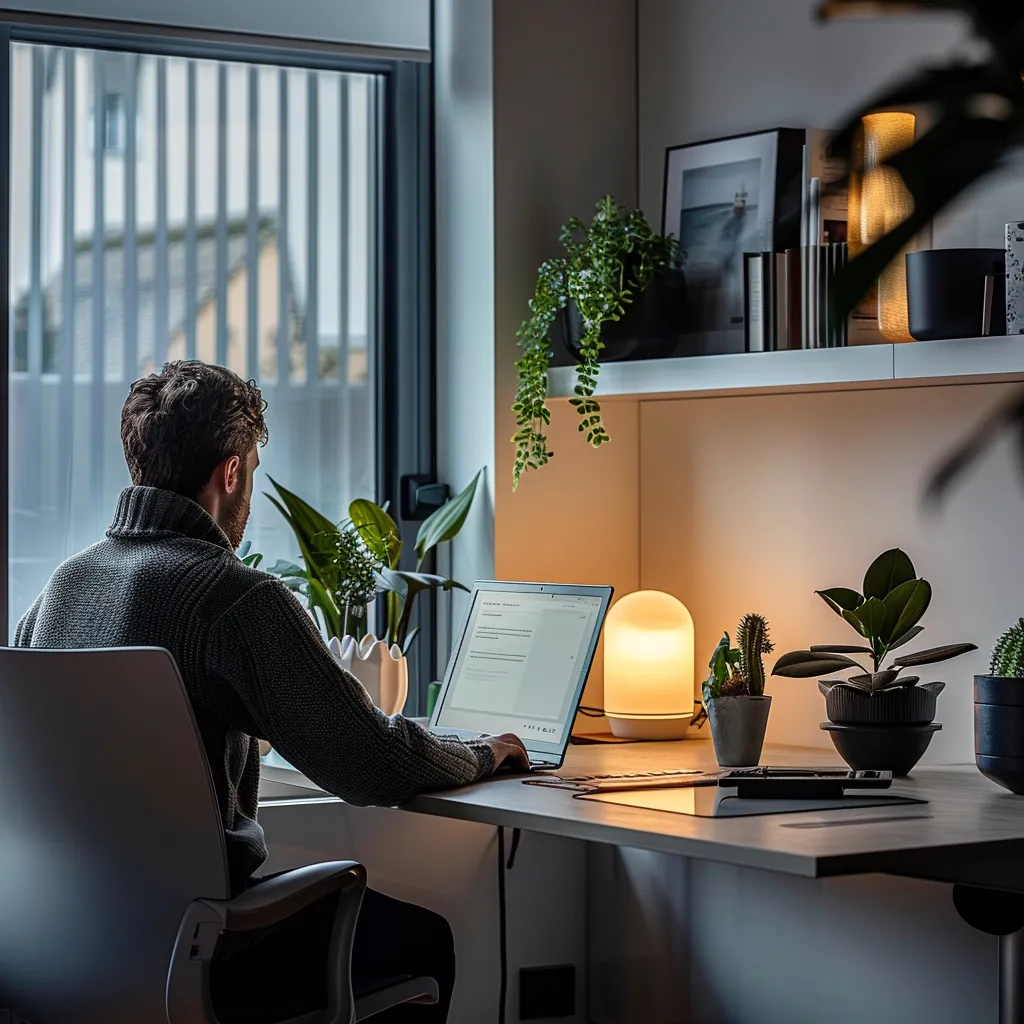 a contemplative individual sits at a sleek modern office desk, surrounded by inspiring motivational quotes and mental wellness resources, embodying the transformative journey of richard louis’ mentalhappy story.
