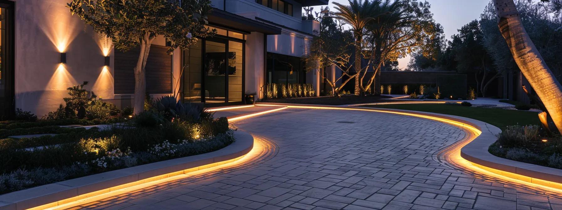 a contemporary driveway in la jolla exudes elegance, featuring intricately designed decorative paver borders and stylish landscape lighting, showcasing the transformative power of custom asphalt design for enhancing residential curb appeal.