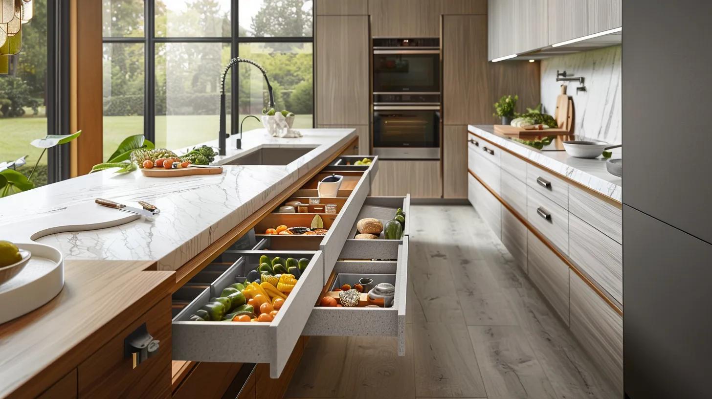 a contemporary kitchen in the midst of a stylish remodel, showcasing innovative storage solutions like sleek pull-out drawers and modern cabinetry, all designed to create an uncluttered and visually harmonious space. a contemporary kitchen in the midst of a stylish remodel, showcasing innovative storage solutions like sleek pull-out drawers and modern cabinetry, all designed to create an uncluttered and visually harmonious space.