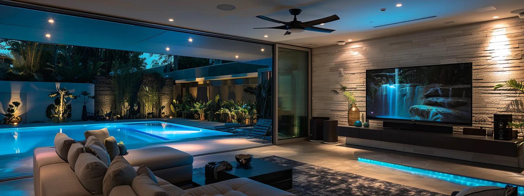 a contemporary living room showcases various energy-efficient cooling solutions, featuring sleek, modern ceiling fans, a stylish ductless mini-split system on a minimalist wall, and an elegant geothermal heat pump seamlessly integrated into the decor, all illuminated by vibrant ambient lighting that emphasizes the innovative technology.