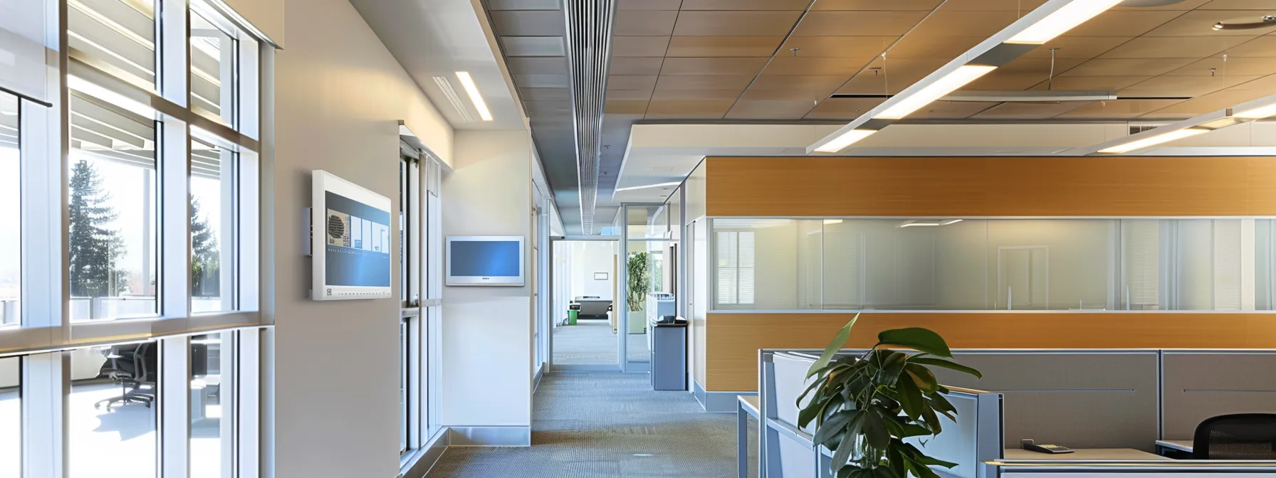 a contemporary office space showcases a sleek mini split hvac system mounted on the wall, with a digital thermostat displaying energy efficiency metrics, emphasizing the sharp design and advanced technology that enhances comfort and reduces energy consumption.