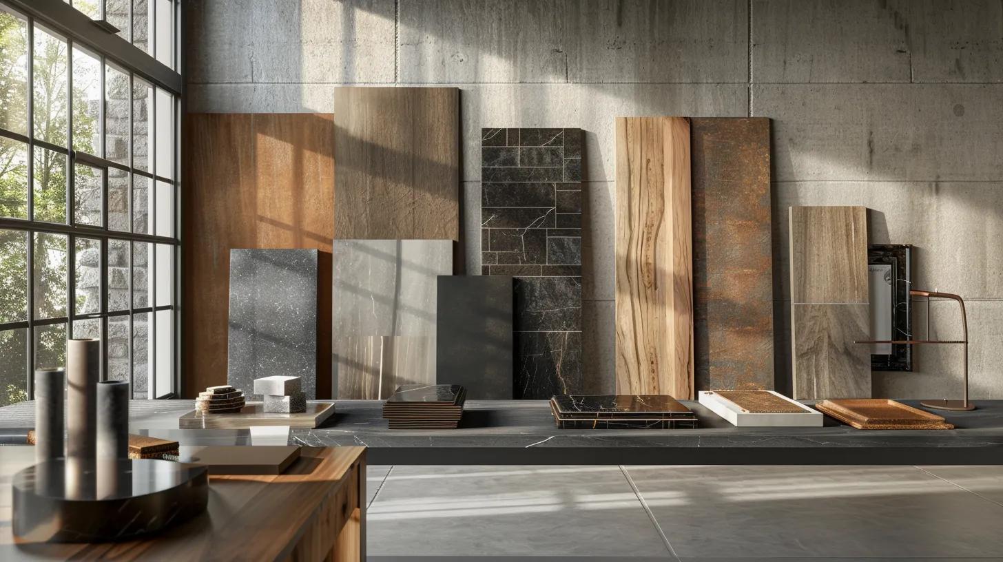 a contemporary office space showcases an organized material selection board, featuring various samples of granite, lumber, and metal against a sleek, minimalist backdrop, emphasizing a clear definition of project requirements for effective design choices. a contemporary office space showcases an organized material selection board, featuring various samples of granite, lumber, and metal against a sleek, minimalist backdrop, emphasizing a clear definition of project requirements for effective design choices.