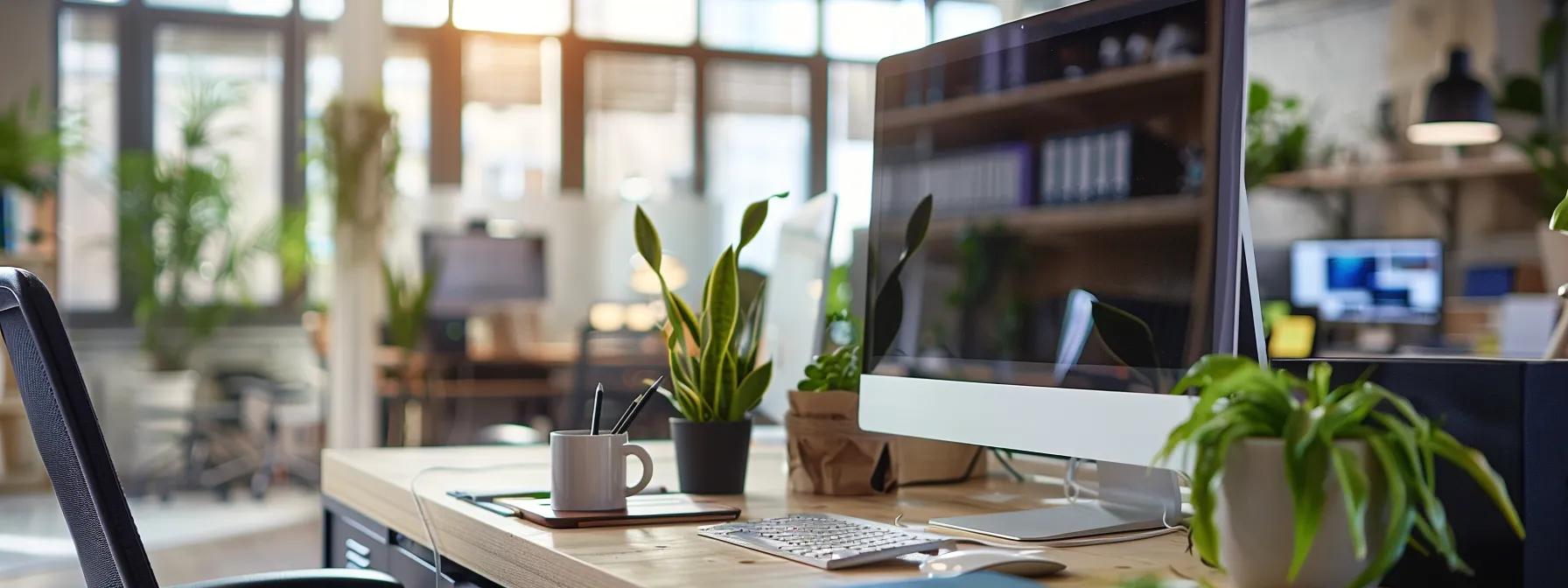 a contemporary office workspace featuring a sleek computer monitor displaying a vibrant, user-friendly website design, with elements of strategic navigation and visually appealing graphics that capture user attention effectively.