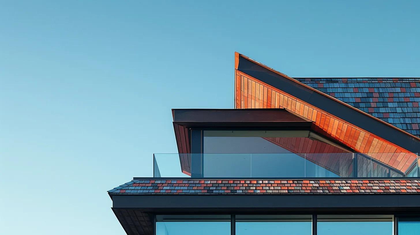 a contemporary residential roof showcases a striking arrangement of f wave shingles in varied colors and textures, harmoniously integrating with the modern architectural design of the house beneath a clear blue sky. a contemporary residential roof showcases a striking arrangement of f wave shingles in varied colors and textures, harmoniously integrating with the modern architectural design of the house beneath a clear blue sky.